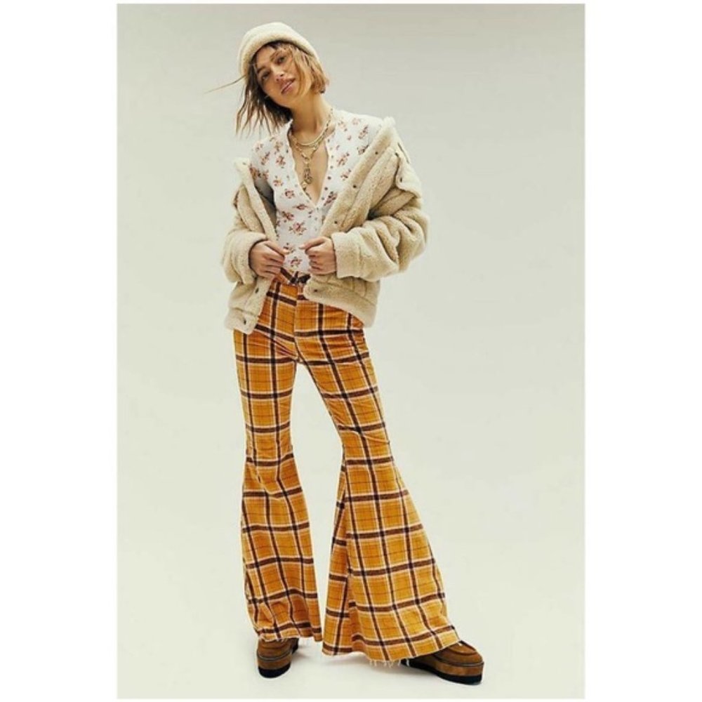 Free People Just Float On Yellow Plaid Jeans 29 NWT - Picture 4 of 7
